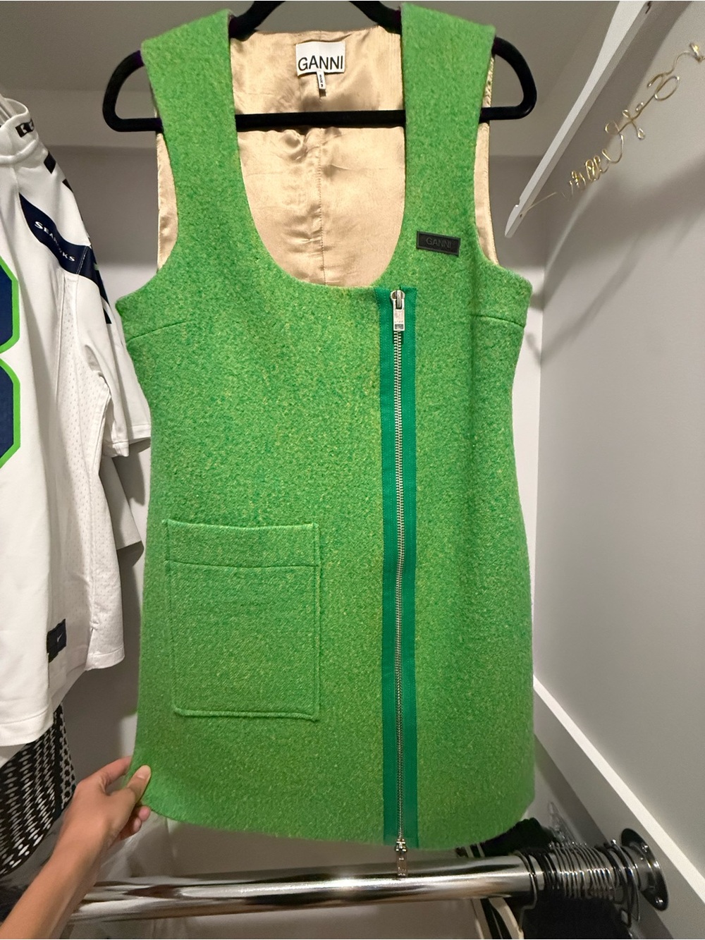 Ganni Bright Green Wool-Blend Sleeveless Zip Vest Dress